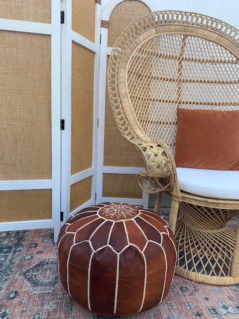 Moroccan Leather Pouf in Brown